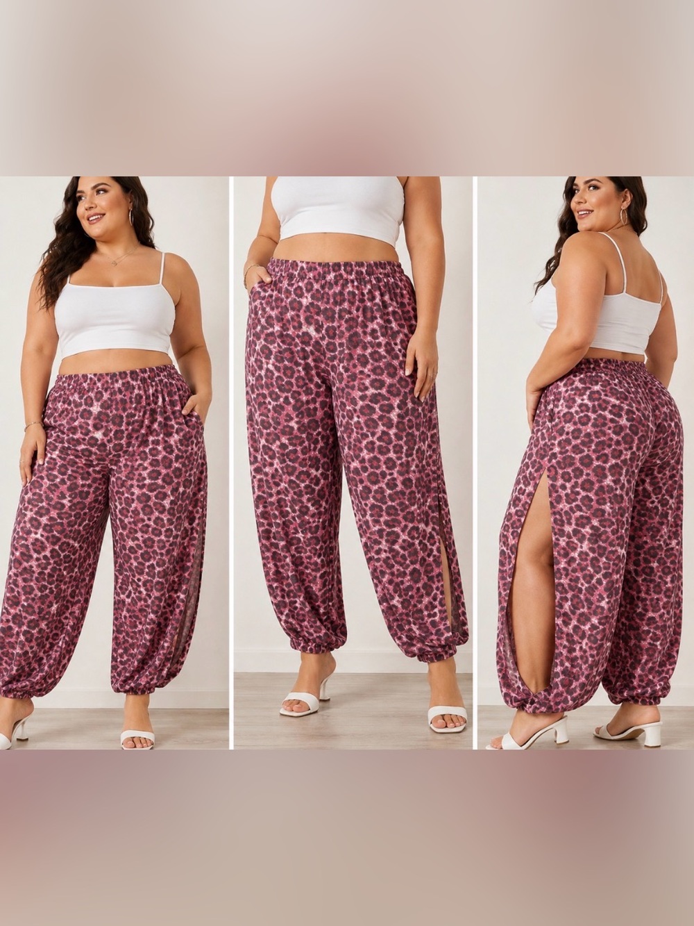 Zenana Plus Size 3X Pink Leopard Print Slit Harem Pants